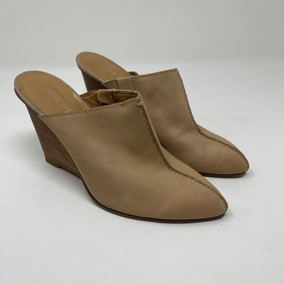Nine West Women's Salome Slip On Mules Wedge Stacked Heels Tan Size 7M - Picture 1 of 11
